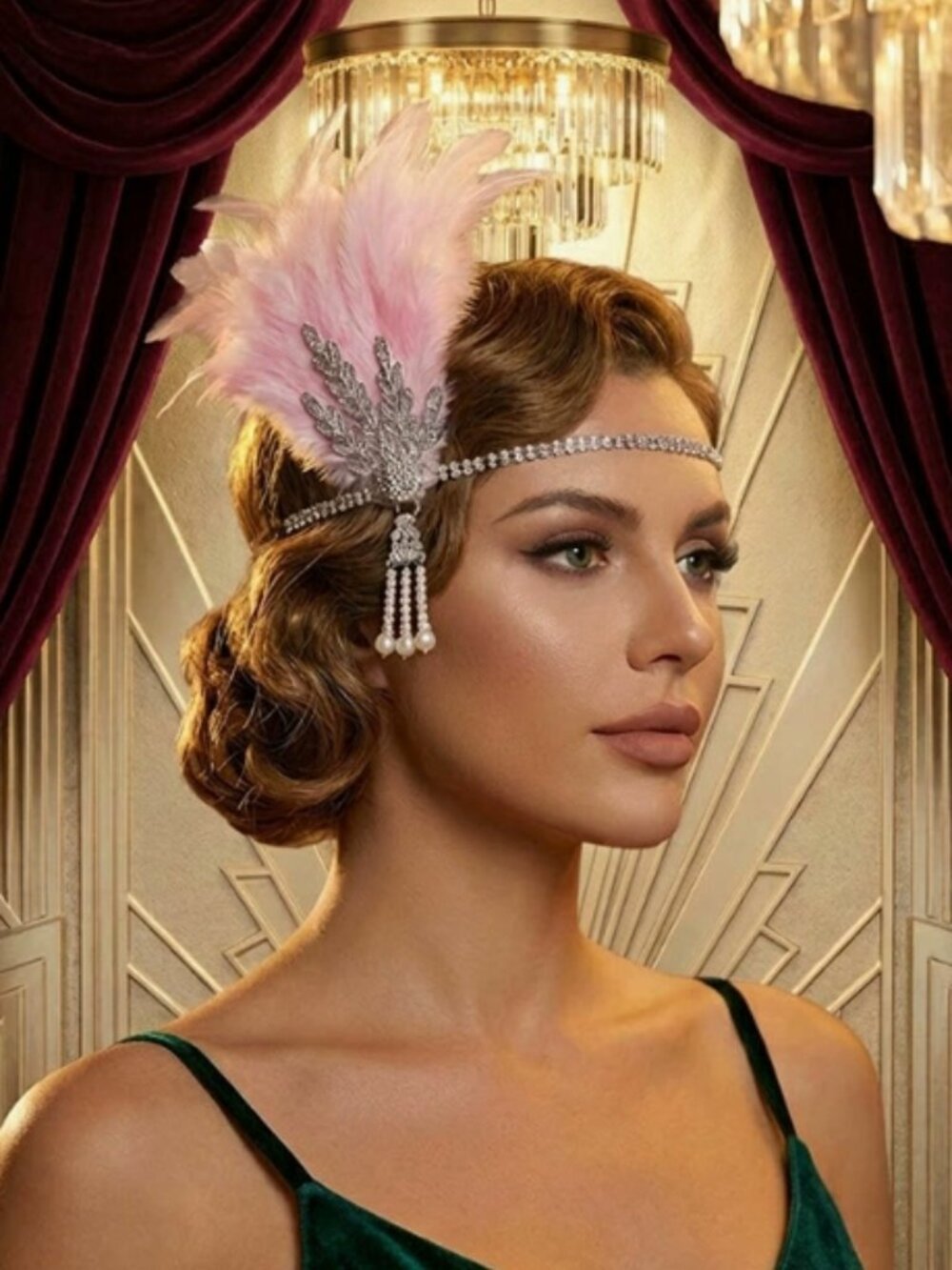 1920s Gatsby Flapper Headband Pink Feather Rhinestone Pearl
